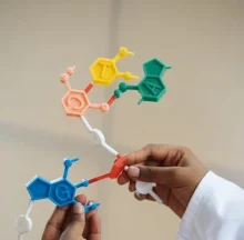 model of chemical structure being held by someone in a lab coat